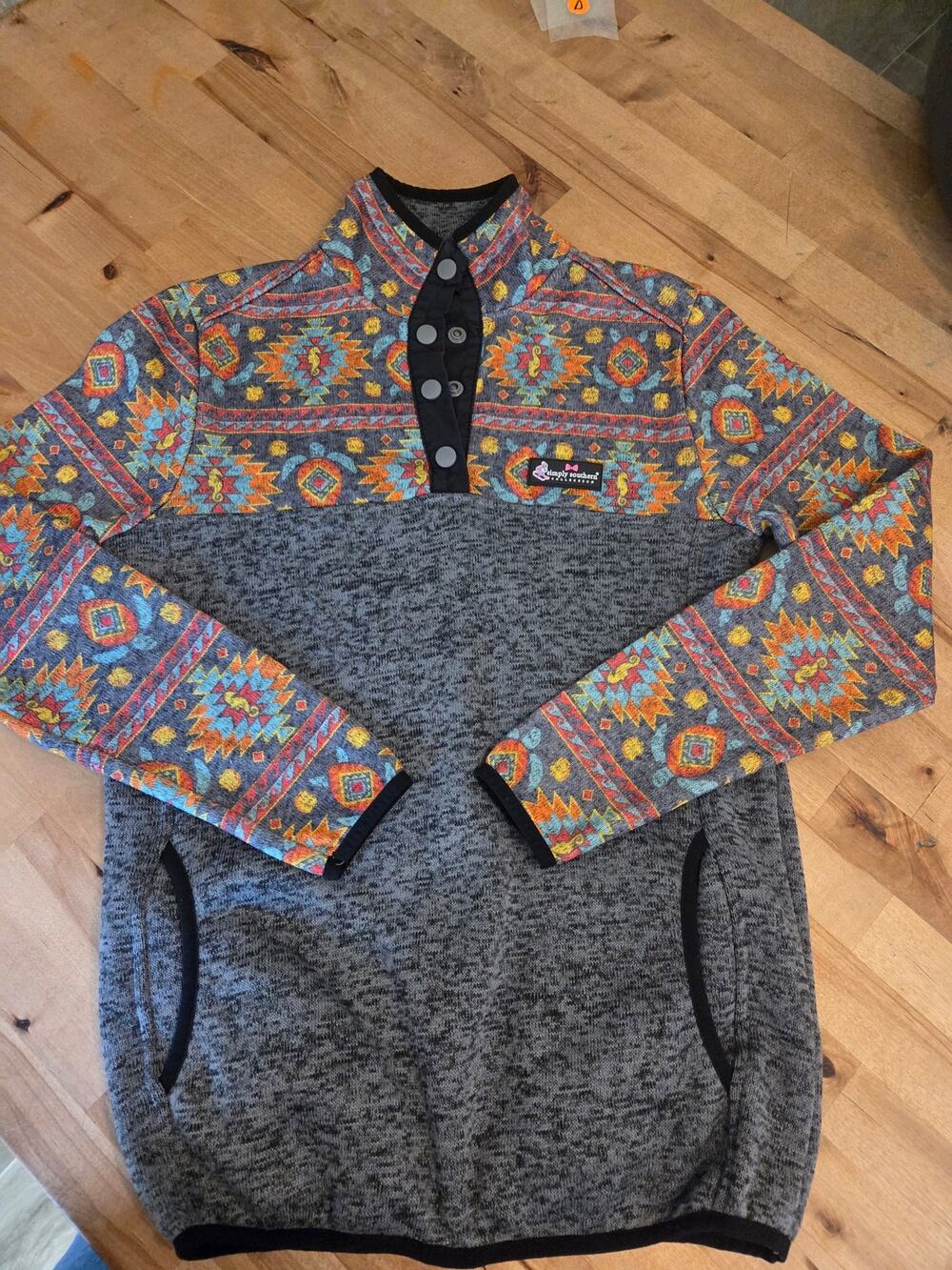 Simply Southern Womens SZ S Aztec Fleece Pullover Gray Pink Orange Seahorse